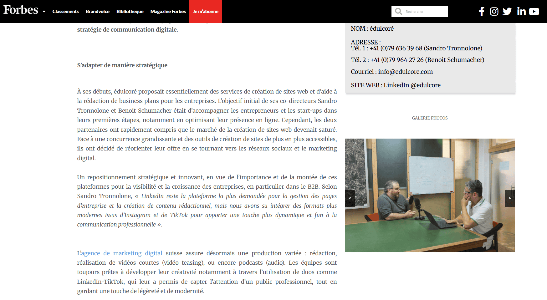 Article Forbes France sur Édulcoré – formation et stratégie digitale
